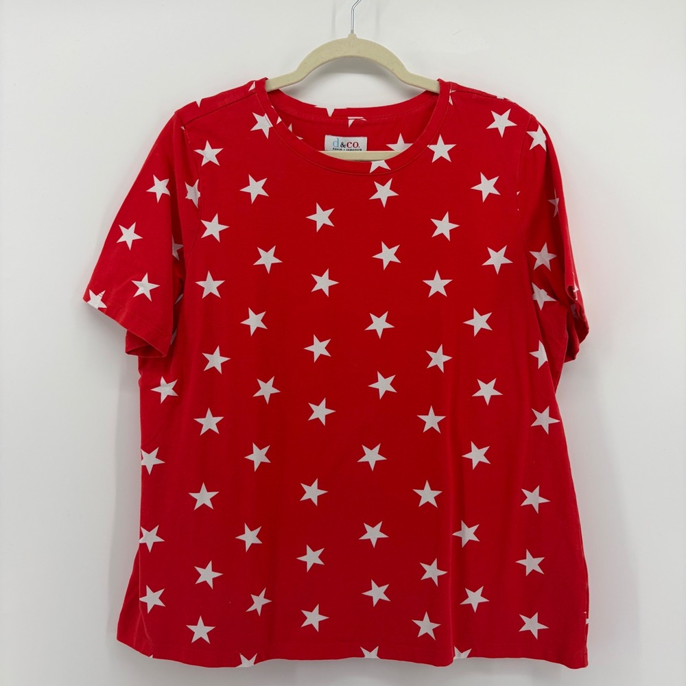 d & co‎ Denim Company Women's Red White Star Print T Shirt Top Size Large